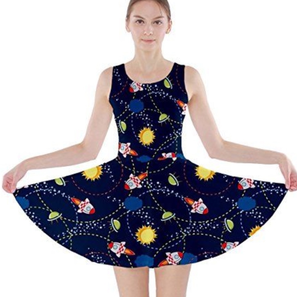 Cow Cow Space Rocket Skater Dress